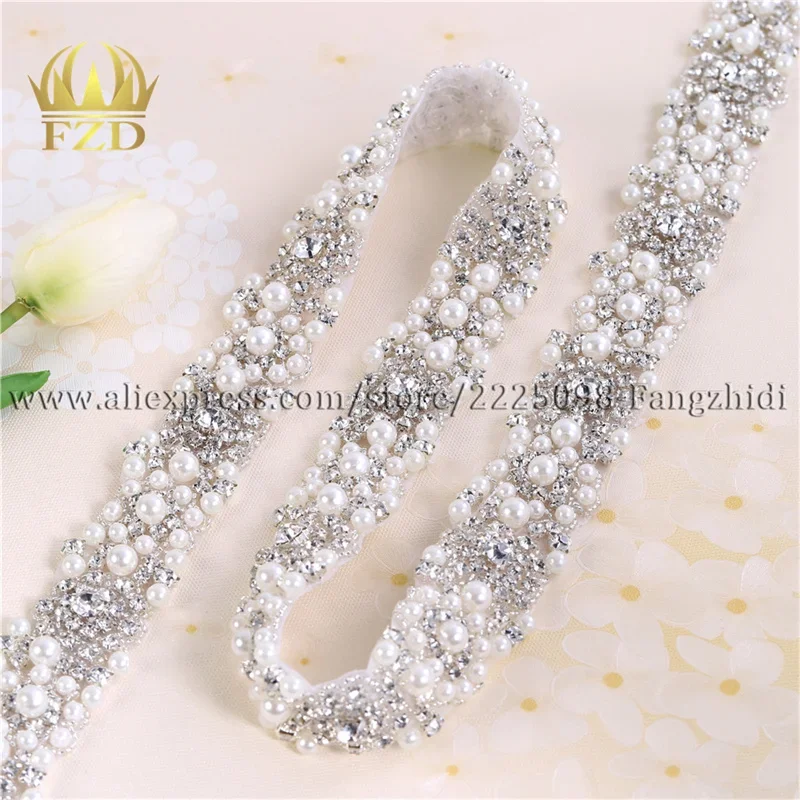 FZD 1 Yard Rhinestones Crystal Dress Applique Silver Beaded Trim for Wedding Dress Rhinestone and Pearl Applique By The Yard DIY