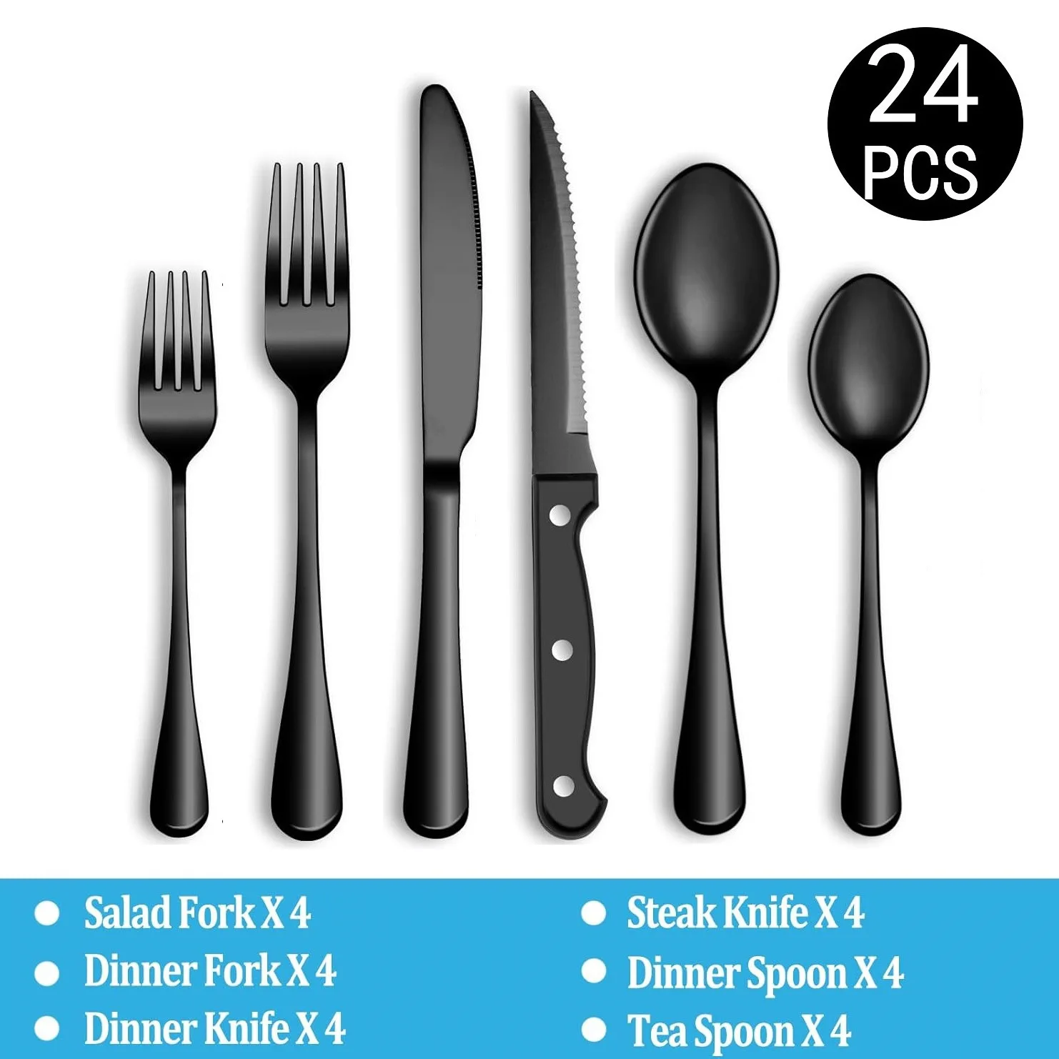 

Черный набор из 24 предметов с ножами для стейка, набор столовых приборов на 4 шт., набор столовых приборов из нержавеющей стали, наборы столовых приборов для домашнего ресторана