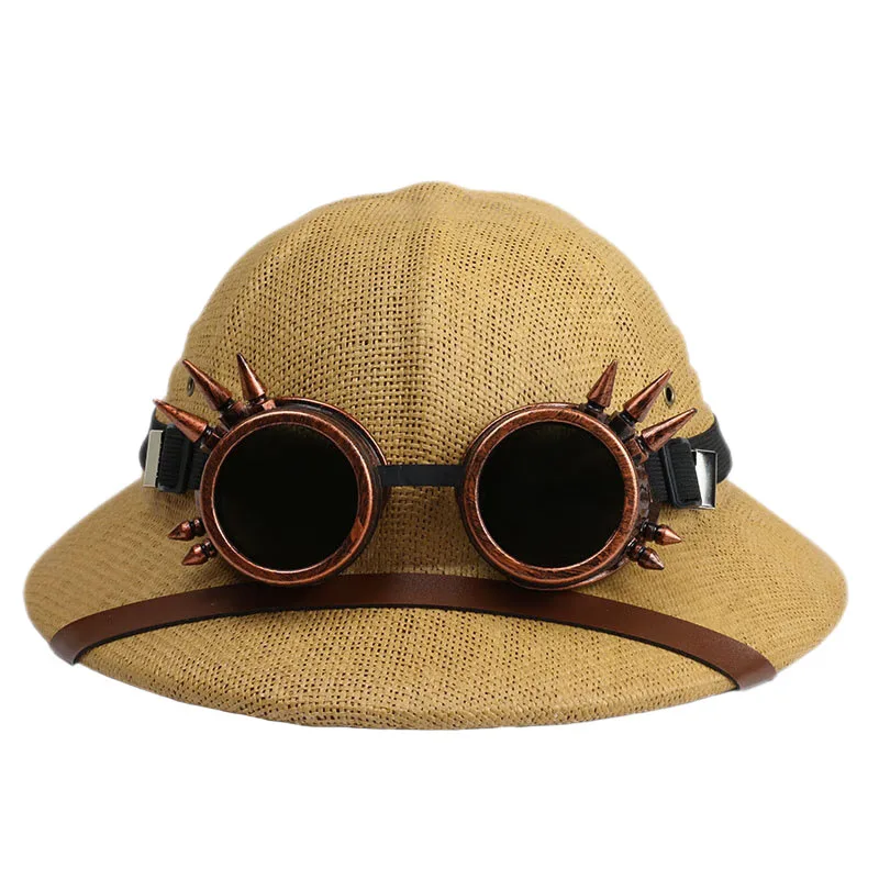 Parent-child Novelty Vietnam War Army Straw Hat Steampunk Helmet Pith Sun Hat Women Men Glasses Safari Jungle Miners Cap