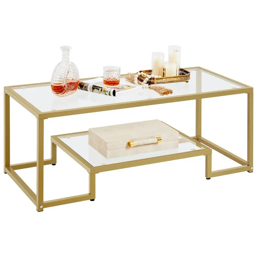

Gold Coffee Table, 42 Rectangular Glass Coffee Table for Living Room, 2Tier Center Tea Tables with Metal Frame for Customizable