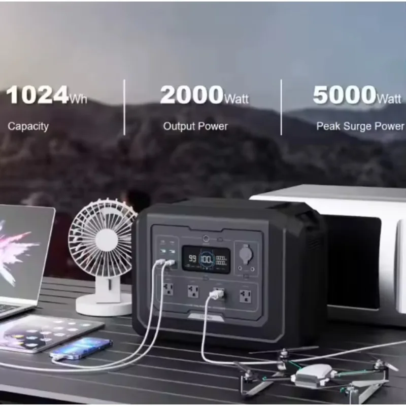 2000 واط 1024WH الصين مصنع رخيصة الثمن عالية الجودة محطة الطاقة الشمسية المحمولة قوة البنك مع UPS ووظيفة التحكم عن بعد