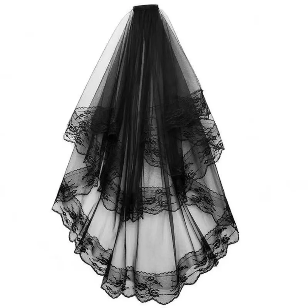 Classic Two-Tier Lace Veil Lace Edge Black Tulle Veil Floral Lace Trim Gothic Veil For Wedding Bride