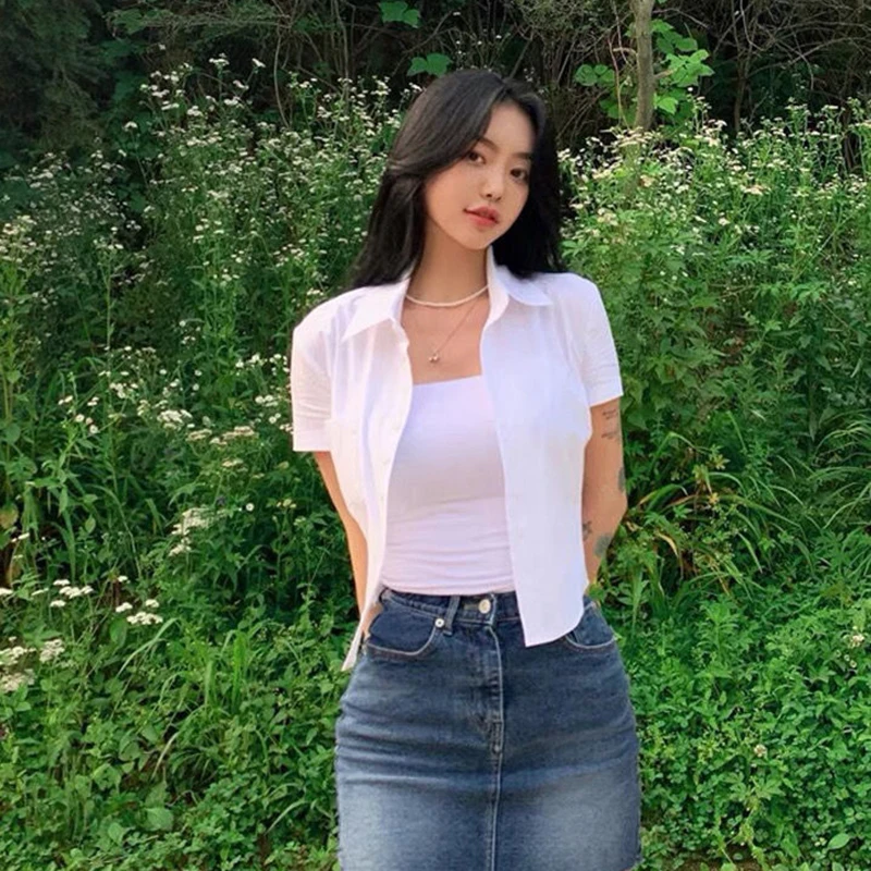 Sweet White Women Short Summer Preppy Style Slim Short Sleeve Female Blouse Korean New Pocket Chic Ladies Casual Crop Tops