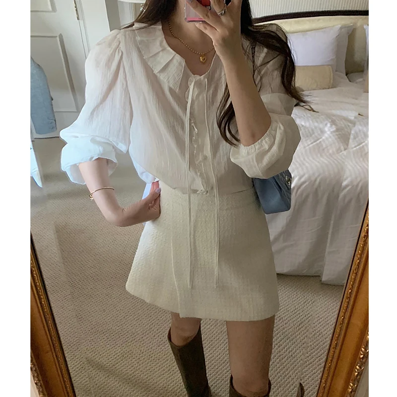 

Sweet Sli White irt Long Sve Layering Top for Younger Look Early Spring Polyester Fiber 00% Women's Faion