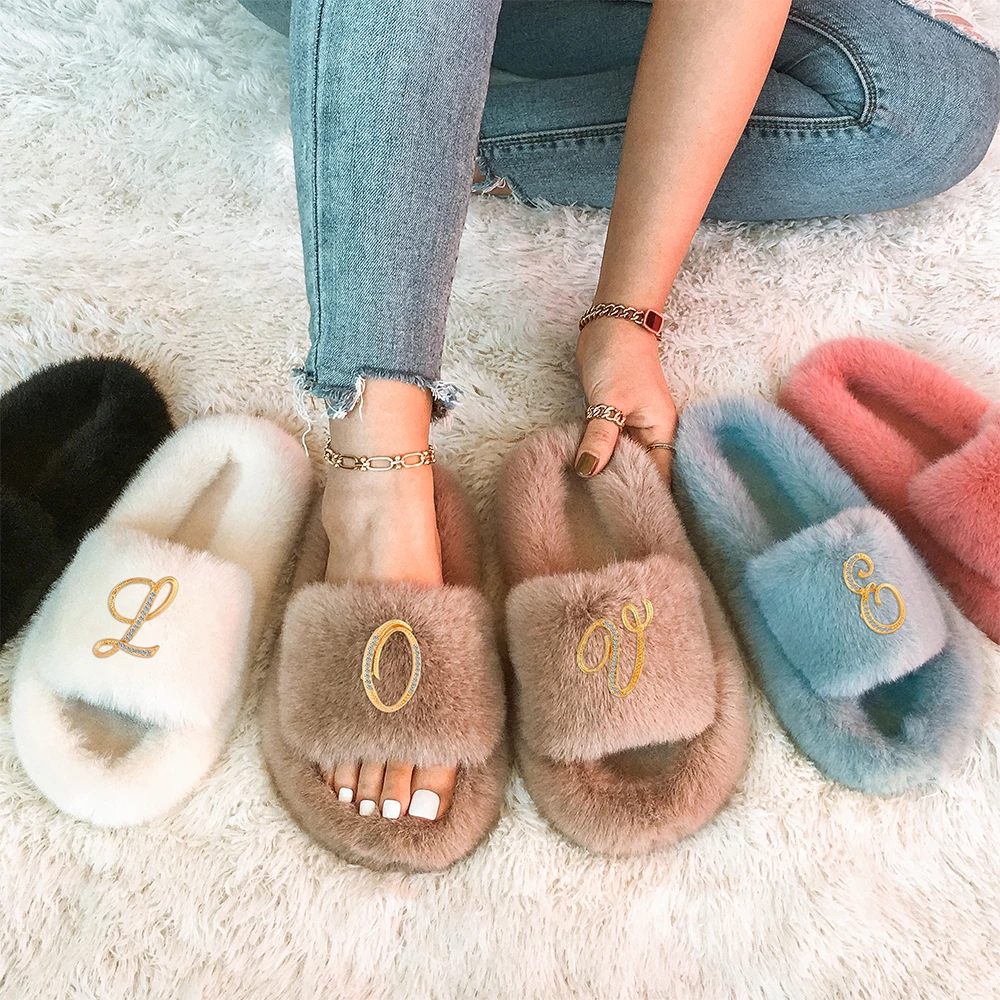 Slippers Women Fuzzy Slides Designer Letter Faux Fur Luxury Fluffy Flip Flops Shoes Customized Personalized Gift Custom Name