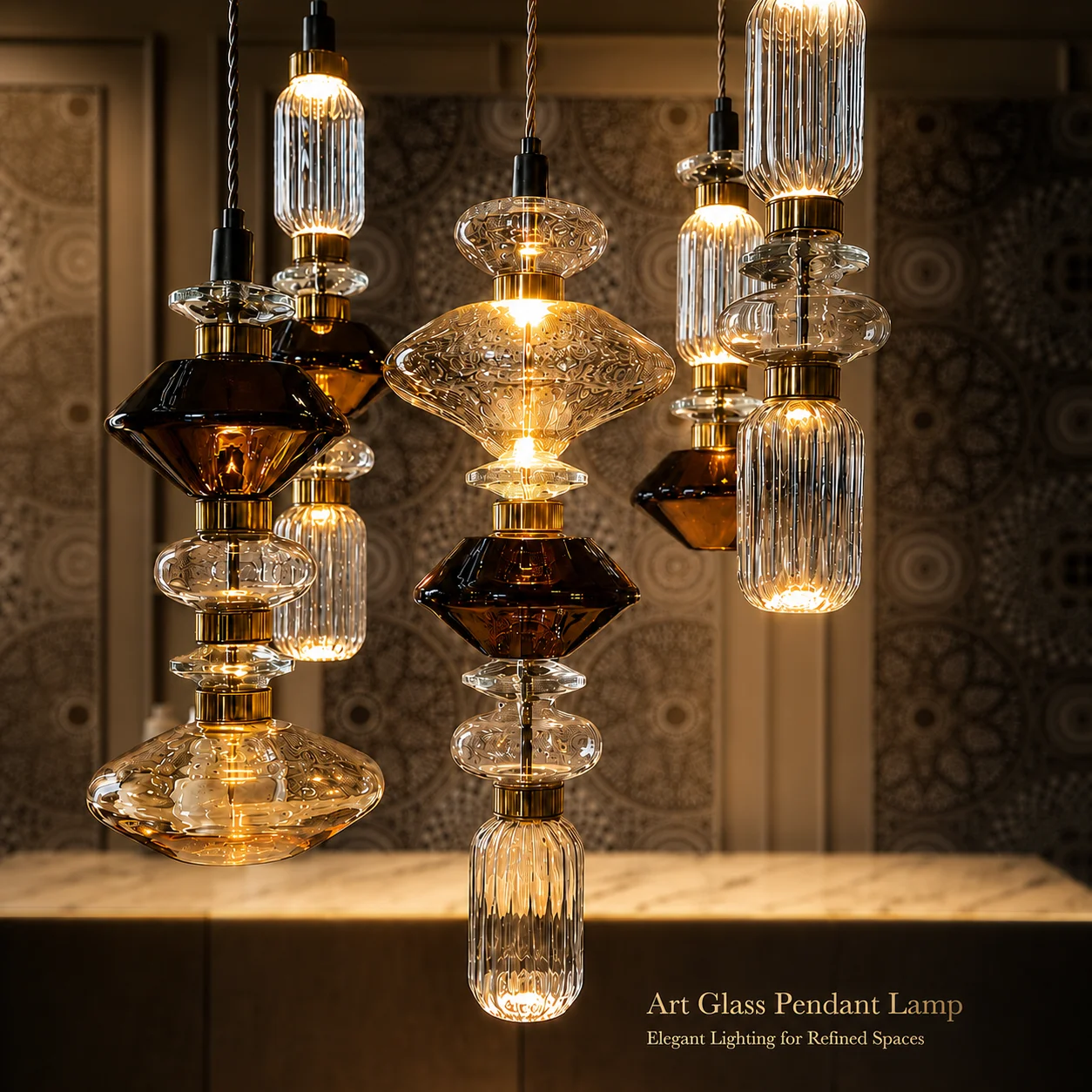 Modern LED Art Glass Pendant Light Clear Cognac Glass Hanging Lamp Gold Finish for Dining Bedroom Restaurant Bar