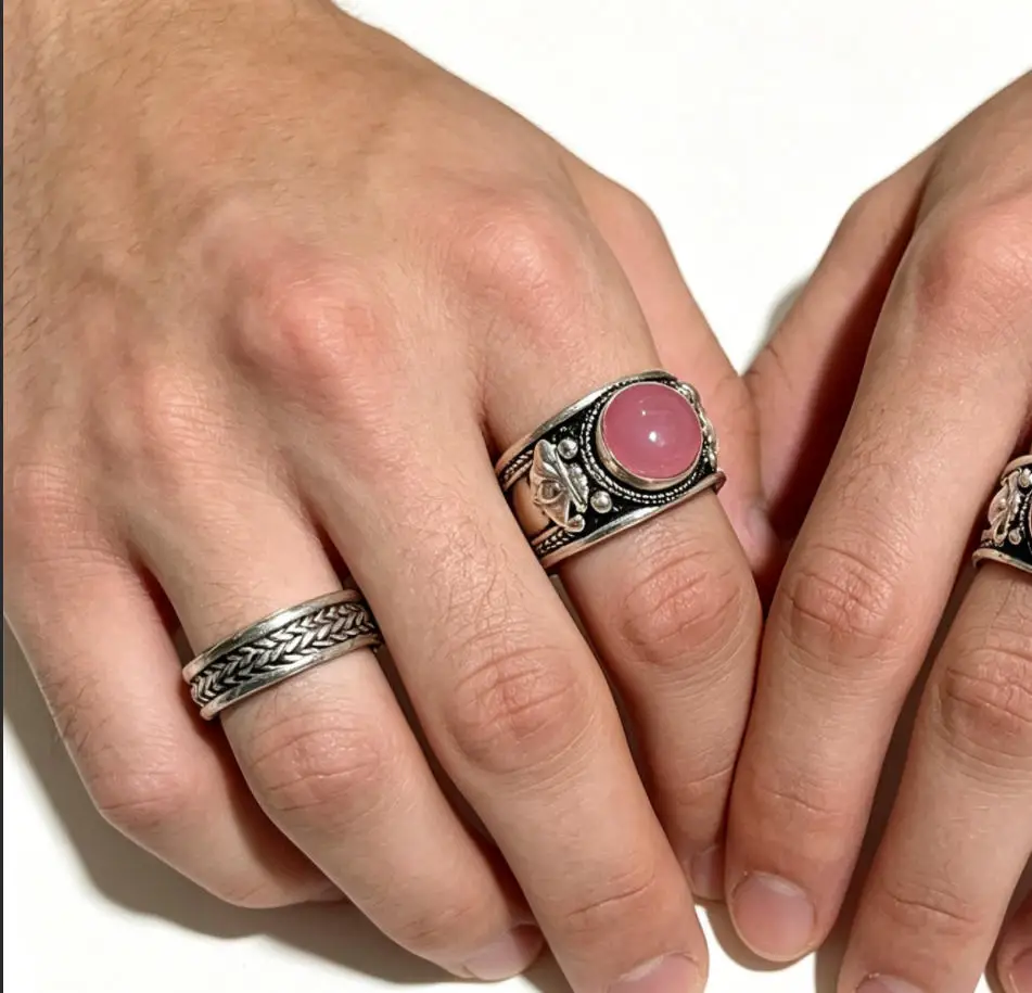 Tibetan Rings for Man Woman Metal Copper Inlay Pink Crystal Open Ring Tibet Dorje Amulet