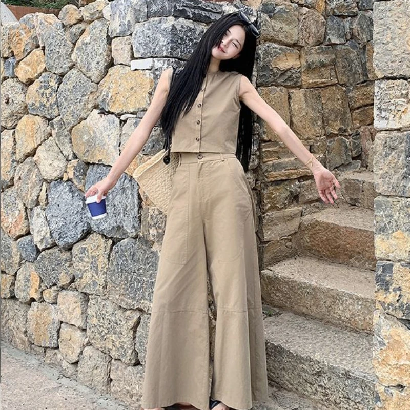 

2025 New Retro Hong Kong Style Set for Women Summer Sleeveless Short Tank Top and High Waist Casual Wide-leg Pants Two-piece Set