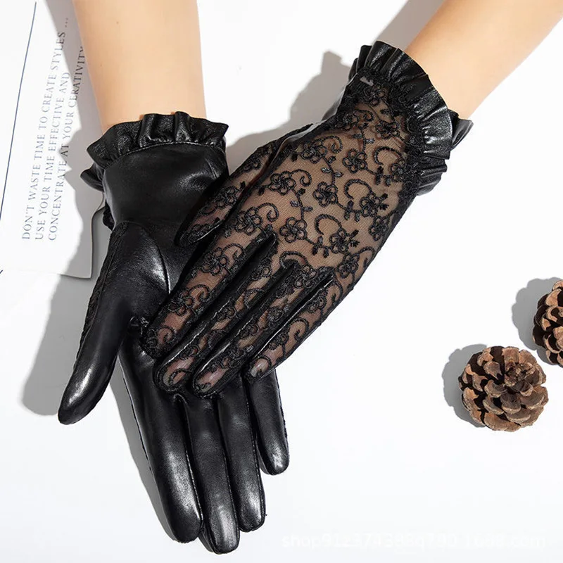 Spring Women Real Leather Gloves Ladies Elegant Gloves Women\'s Black Driving Gloves Anti-UV Touch Screen Lace Mittens 2021