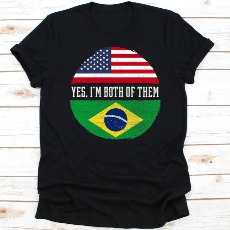 

Yes I'm Both of Them Shirt American Flag Design of Federative Republic of Brazil USA 4th of July Brazilian Americans Cotton Tee