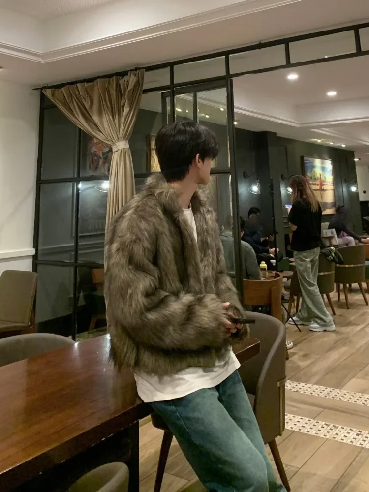 Korean Fashion Short Faux Fur Men\'s Winter Warm Fashionable Temperament Streetwear Jacket Long Hair Thickened Plush Coat New