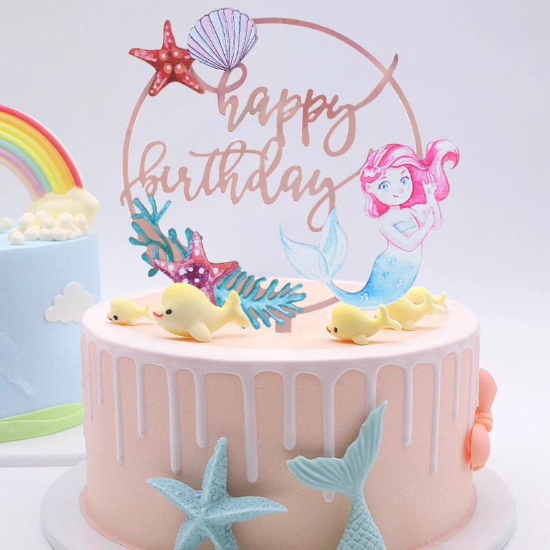 1pc Acrylic Happy Birthday Cake Insert Card Marine Mermaid Starfish Letter Cake Toppers Birthday Party Bake Decoration Supplies