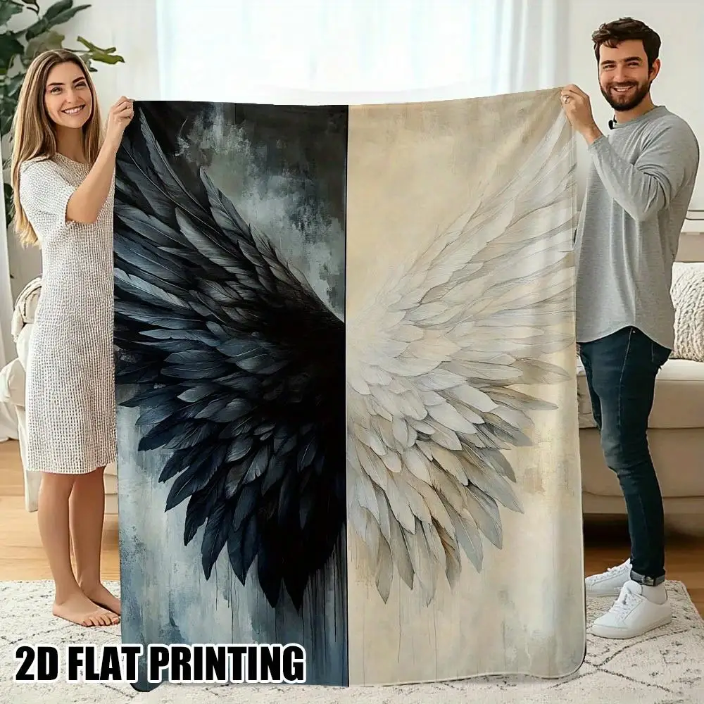 1pc Black and white wing pattern blanket, polyester fabric, machine washable, suitable for bedroom and living room decoration