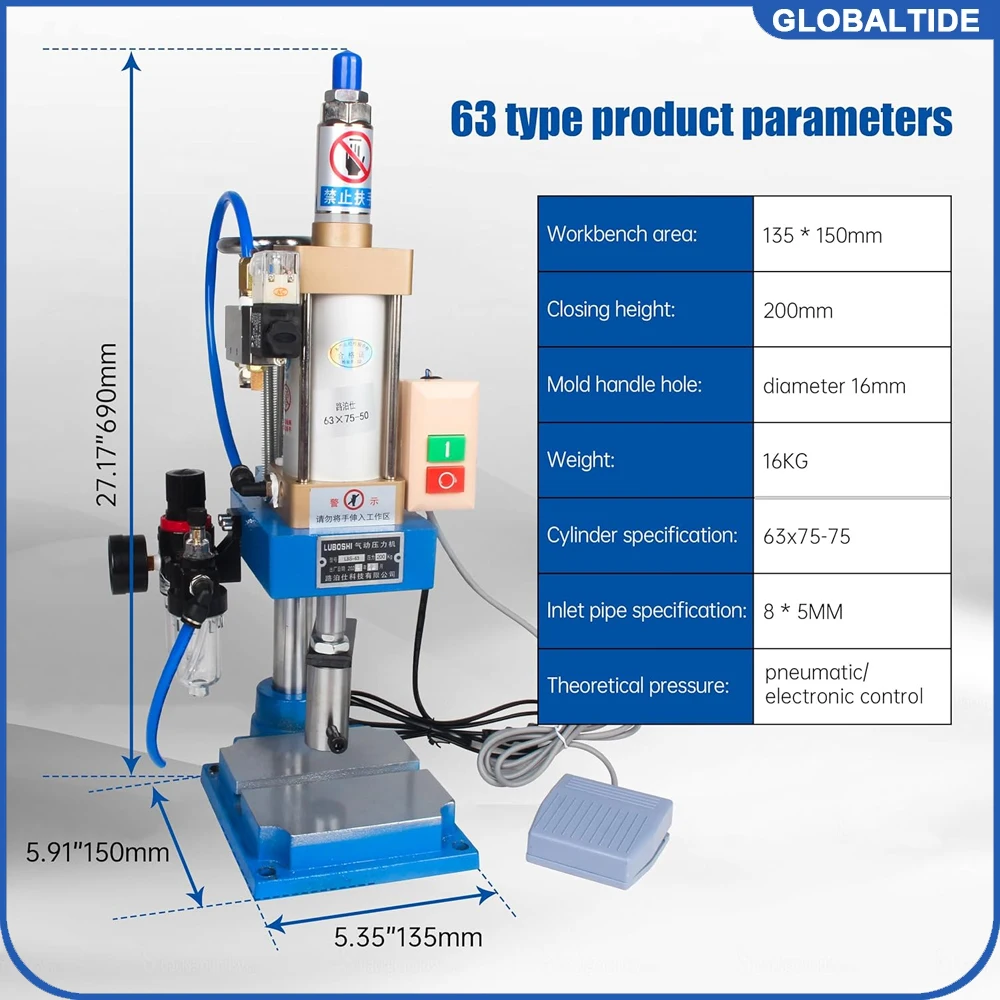 110V 220V Pneumatic Punch Press Machine Small Desktop Punching Press Hand Machine 0.5-0.8Mpa Operation Pressure 200KG