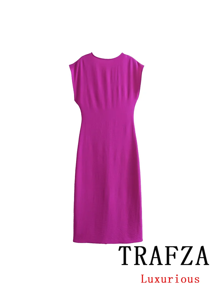 TRAFZA Vintage Chic Casual Sexy Women Dress Solid Purple V-Neck Sleeveless Long Vestidos New Fashion 2024 Summer Dress