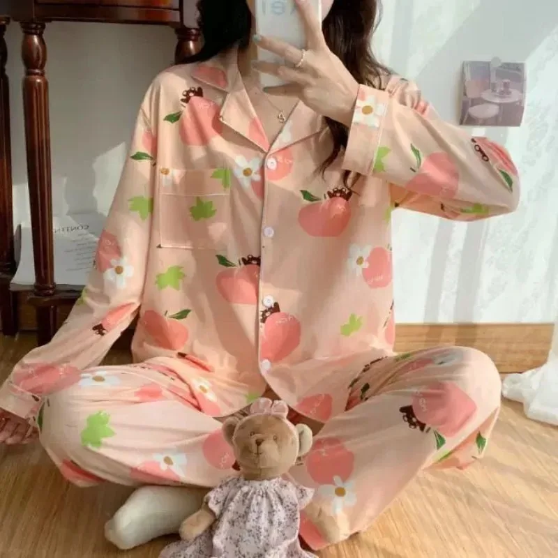 2024 New Pajama Women Spring Autumn Winter Loose Sleepwear Long-sleeved Students Loungewear Dormitory V-neck Homewear Two-piece