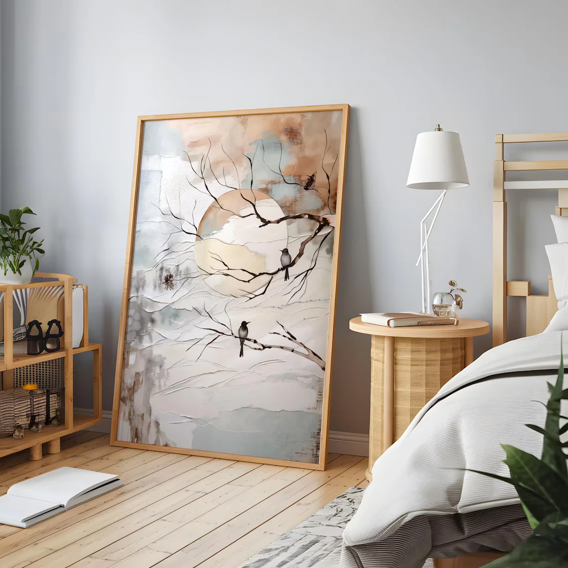 Serene Mixed-Media Nature Wall Print Decor - Textured Collage-Style Painting of a Glowing Sun/Moon Behind Bare Tree Branches, Wi view 5