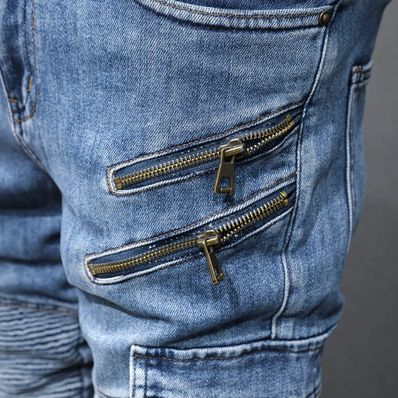 

Designer Fashion New Jeans Y2KZipper Decoration Washed Nostalgic Stretch Slim Blue Men's Jeans Designer Hip Hop Brand Pants Hom
