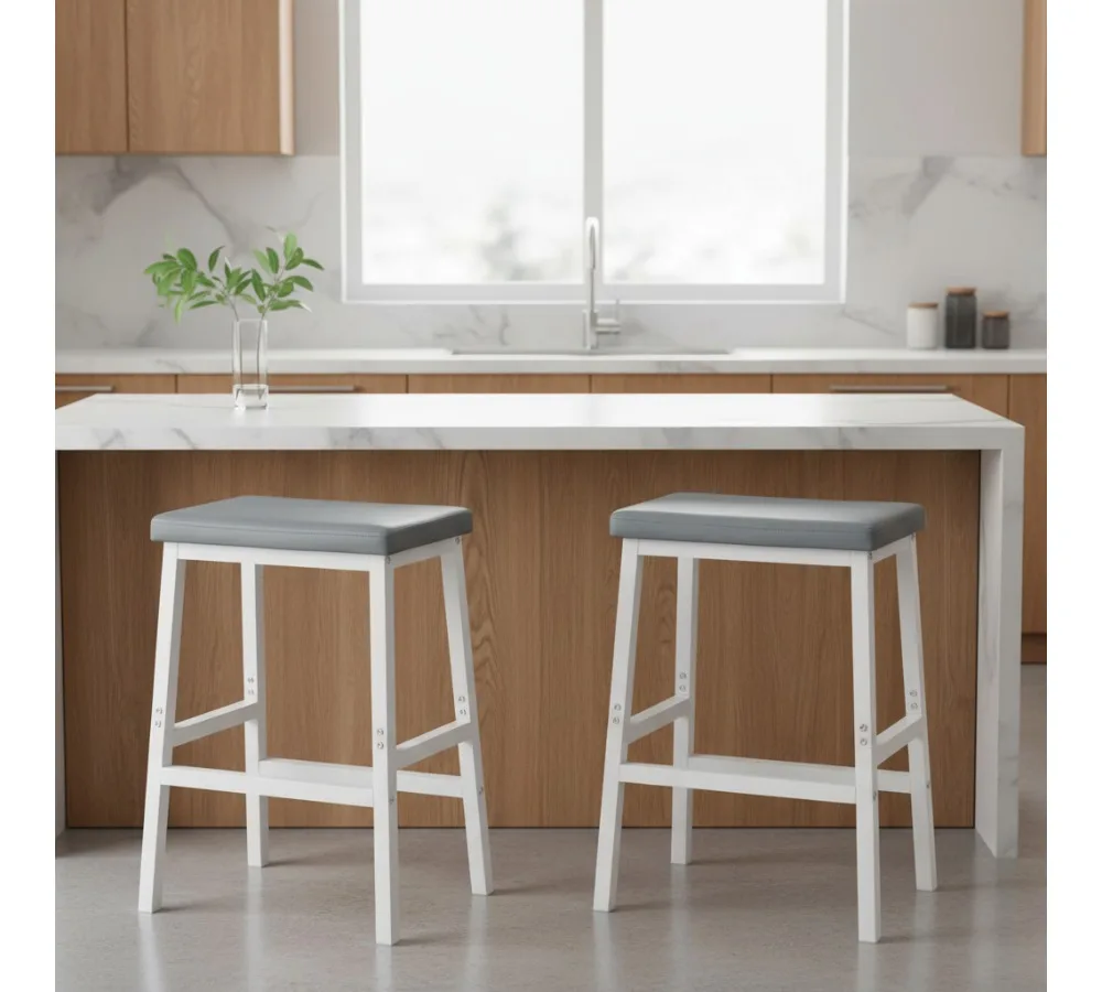 Set of 2 PU Leather Bar Stools, Easy Assembly, Water Resistant, Ergonomic Design for Kitchen, Bar, Dining Room in White and Gray