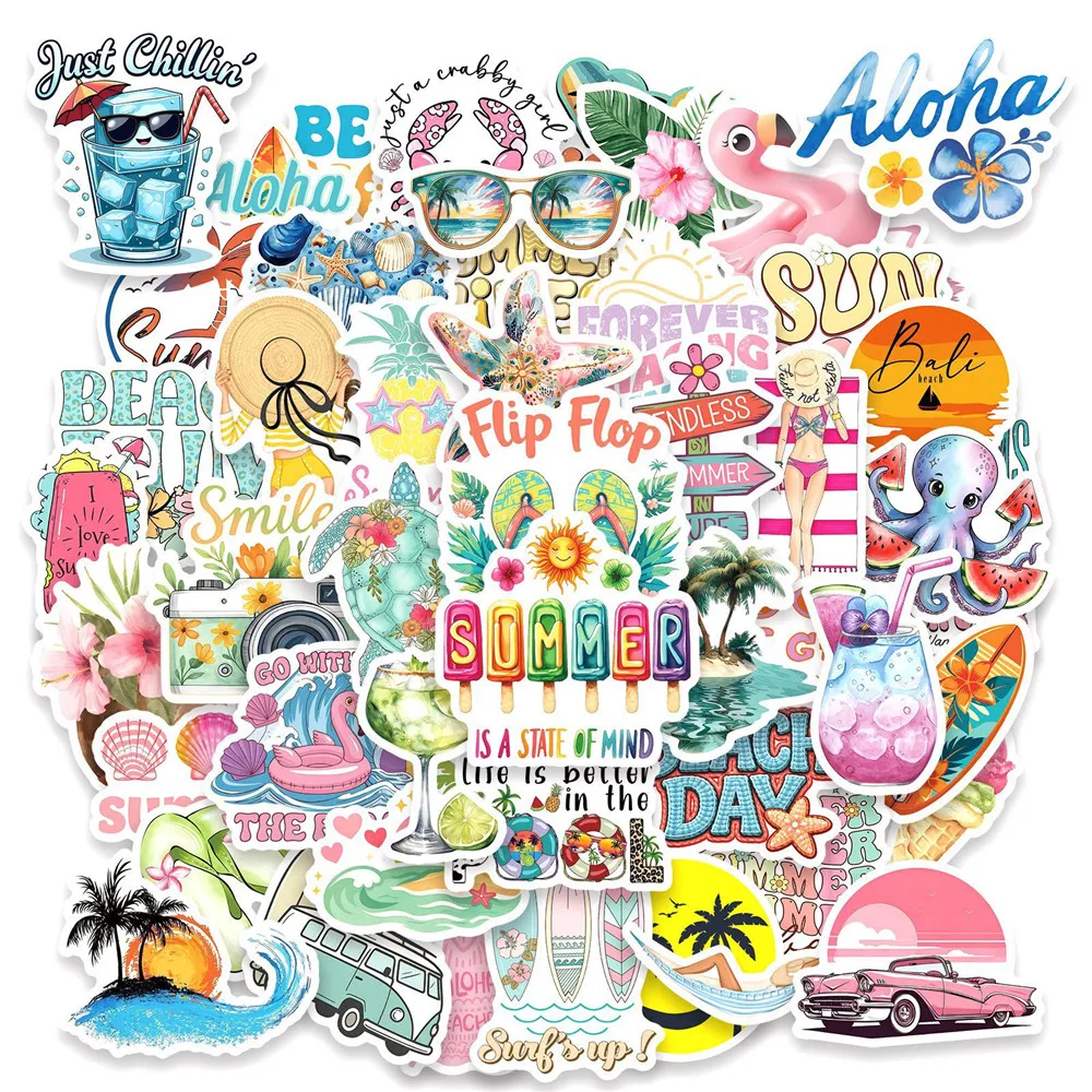 50 PCS Ins Style Cartoon Summer Vacation Theme Graffiti Stickers Decorate Guitar Luggage Helmet Skateboard Scrapbook Vinyl Decal