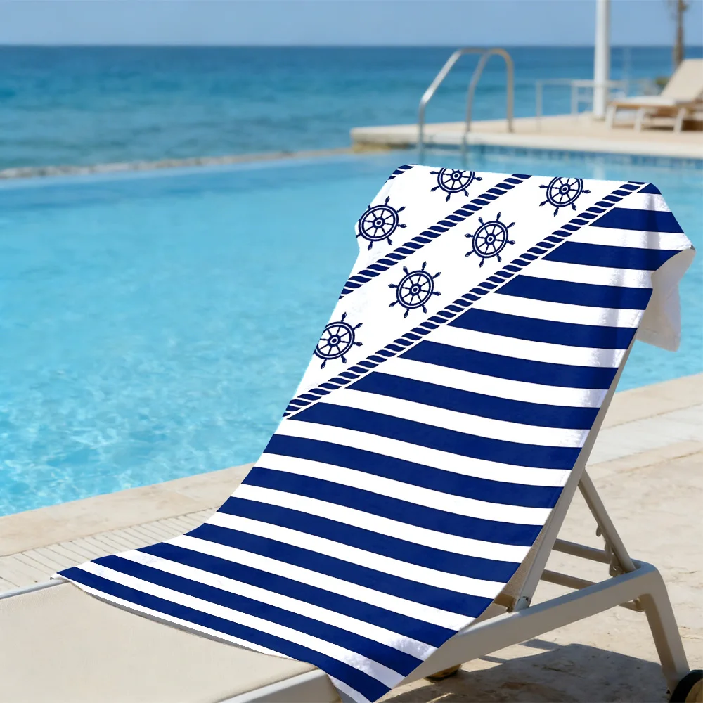 Nautical Stripe Ship Wheel Beach Towel – Oversized Quick Dry Sand Free with Navy Rope Print