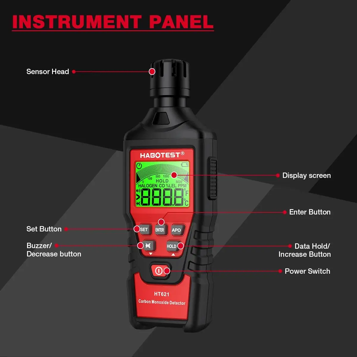 HABOTEST HT621 Carbon Monoxide Detector Alarm New Photoelectric Sensor Professional High Precision CO Gas Tester LCD Display