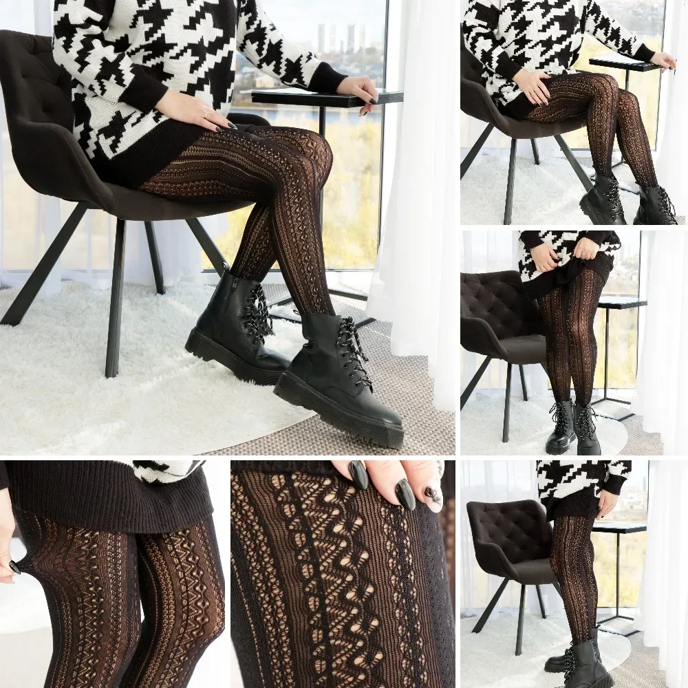 Helisopus Sexy Lace Knitted Cotton Tights Women Girls Autumn Winter Hollow Out Striped Stockings Female Solid Lolita Pantyhose