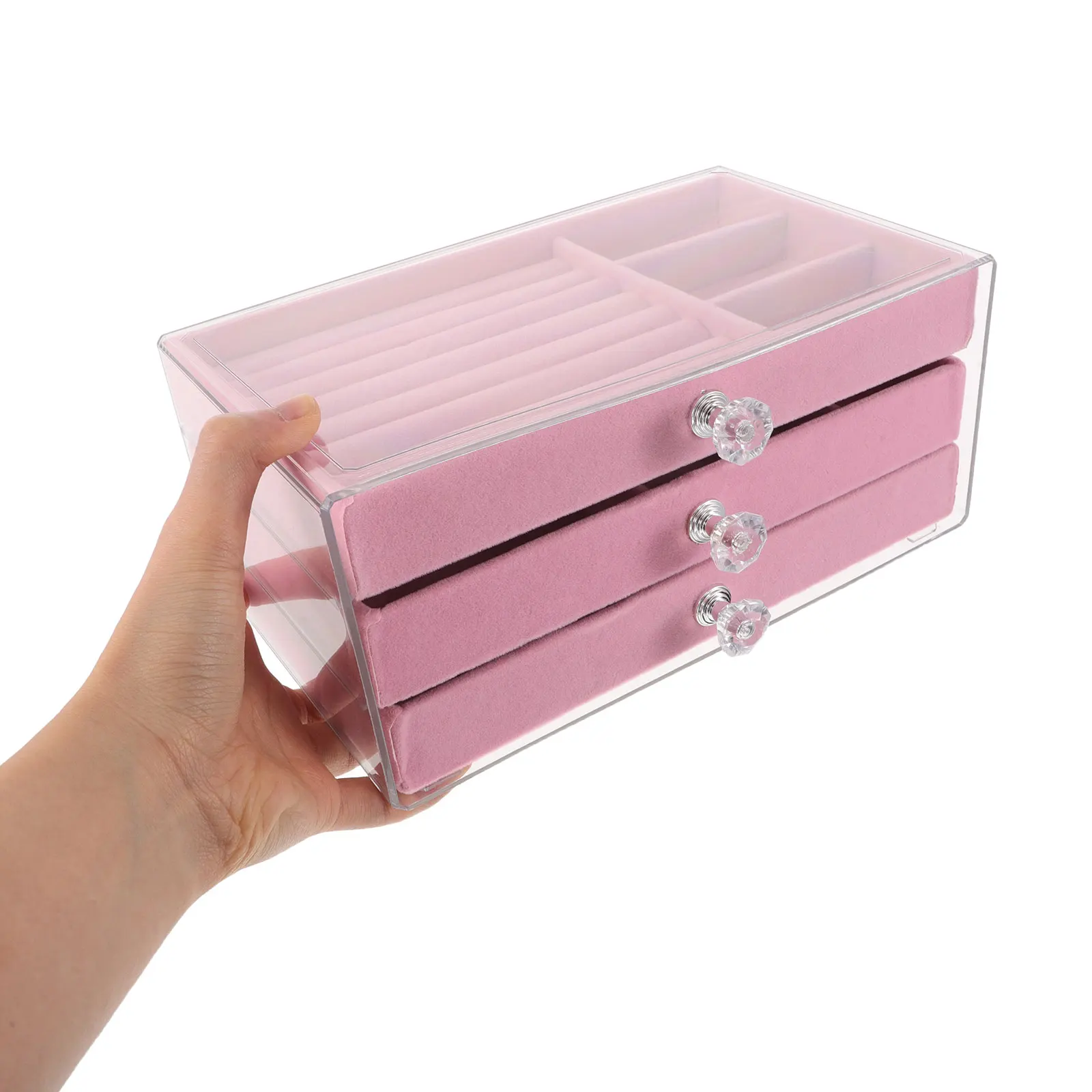 

Compact Three Layer Jewelry Organizer Pink Velvet Earring Storage Box With Drawers For Women Accessories Travel