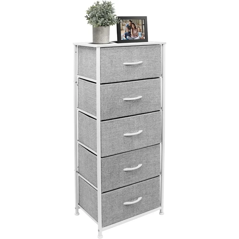 

Nightstand Dresser, Tall Storage Tower Unit Organizer, for Clothes, Steel Frame, Wood Top, Fabric Bins, Dresser Cabinet