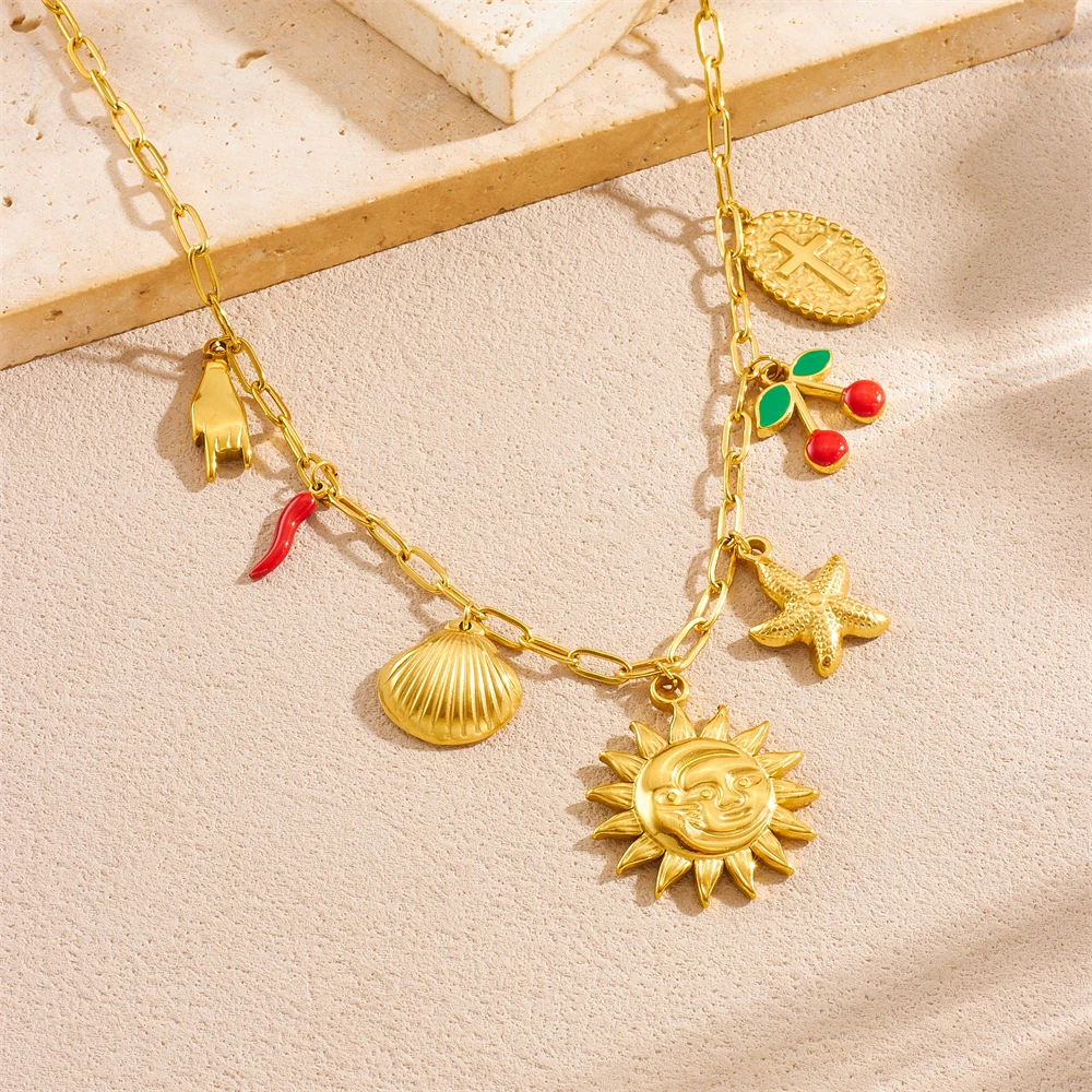 Edelstahl Goldene Sonne Muschel Seestern Kirsche Halskette Damen Neue Mode Trend Halskette Schmuck Party Geschenk