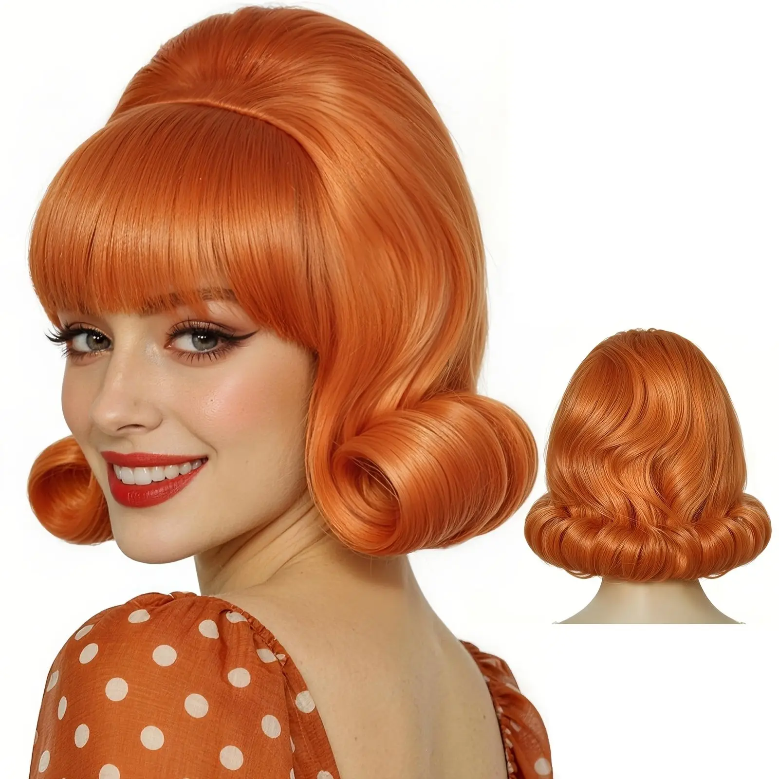 Retro Orange Beehive Bouffant Flip Out Bob Synthetic Wig with Bangs for Women Daily Party Wear Cosplay Wig