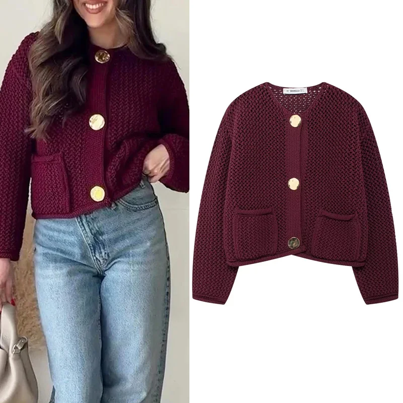 TRAF Cropped Sweater Cardigan Outerwears Women 2024 Autumn Elegant Short Knit Coat Ladies Fashion Casual Long Sleeve Red Sweater