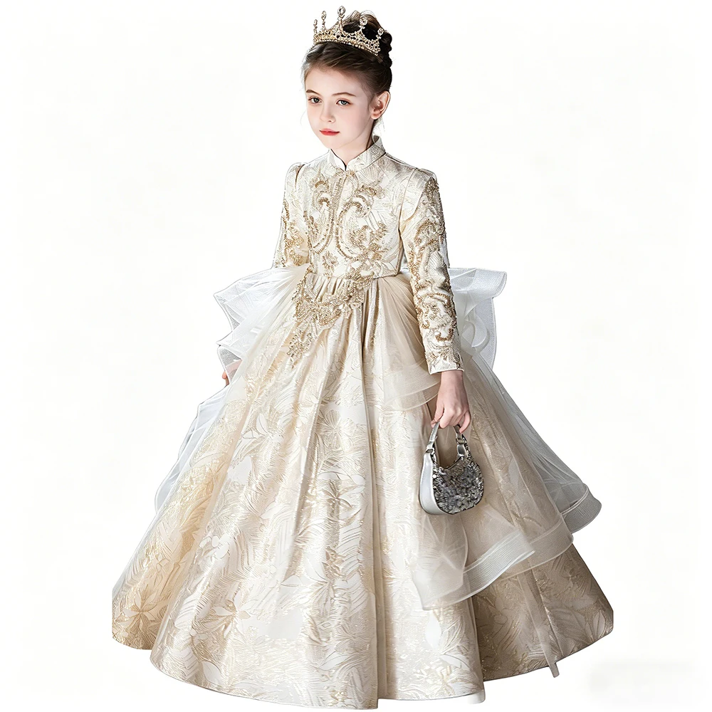 Luxury Champagne Girls Pageant Dress Long Sleeve Princess Birthday Party Ball Gown Girl Wedding Bridesmaid And Evening Dresses