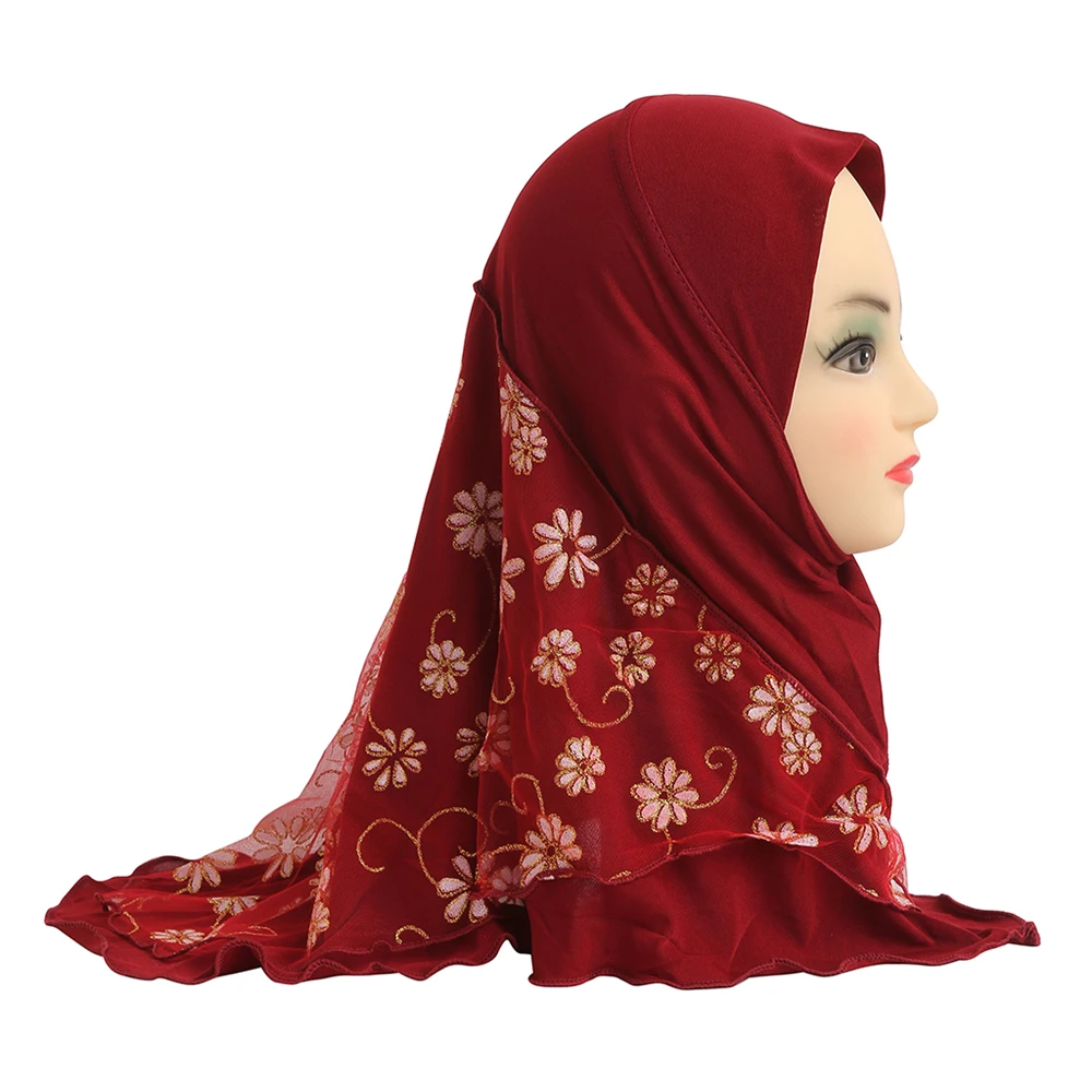 Muslim Kids Girls Lace Embroidery Hijab for 2-6 Years Old Headscarf Turban Islamic Pray Hat Amira Arabic Head Wrap Instant Scarf