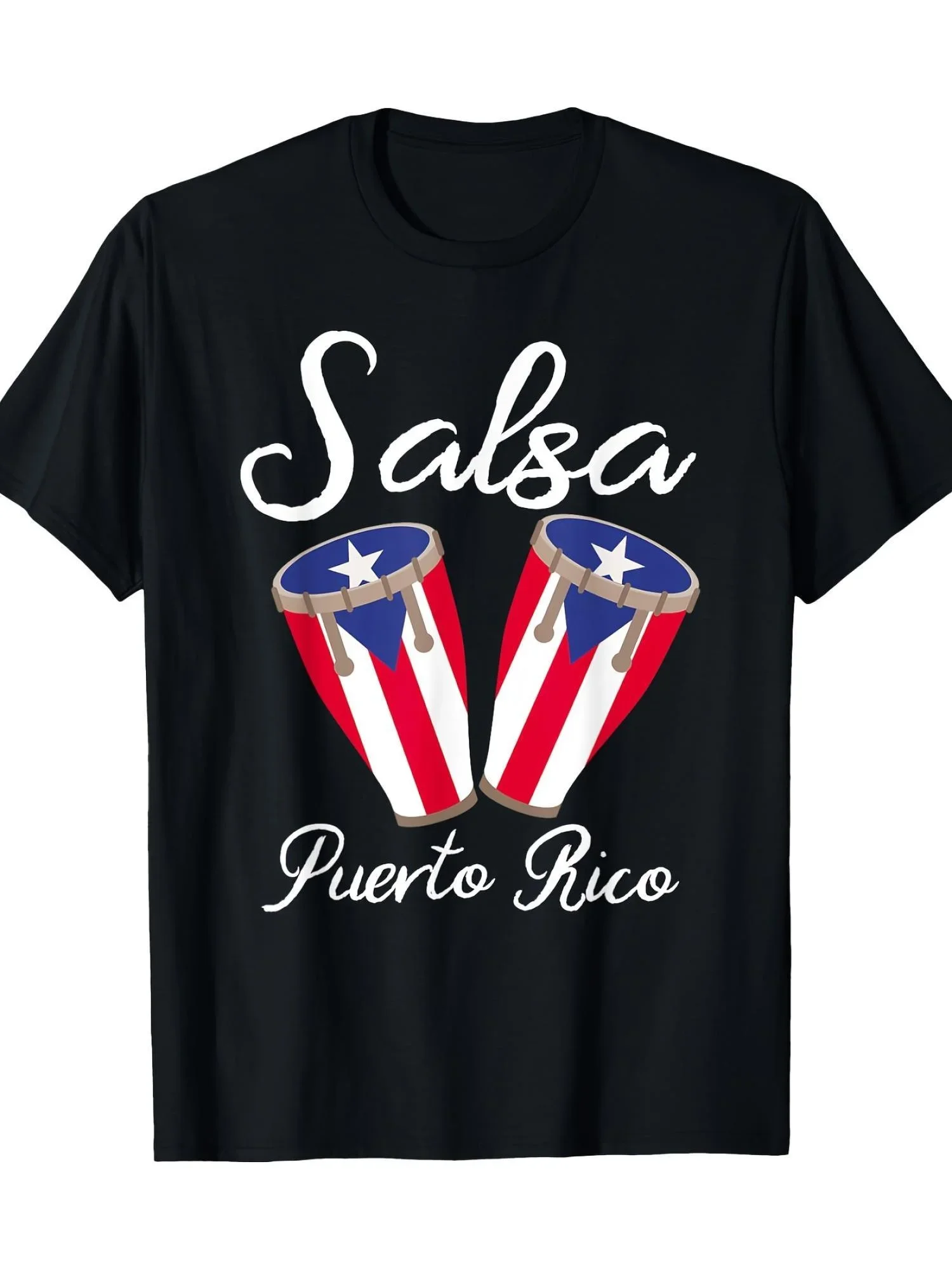 New Men's Puerto Rico Pride Salsa Dance Graphic T-Shirt - Black Short Sleeve with Puerto Rico Flag Design, Regular Fit Casual Te
