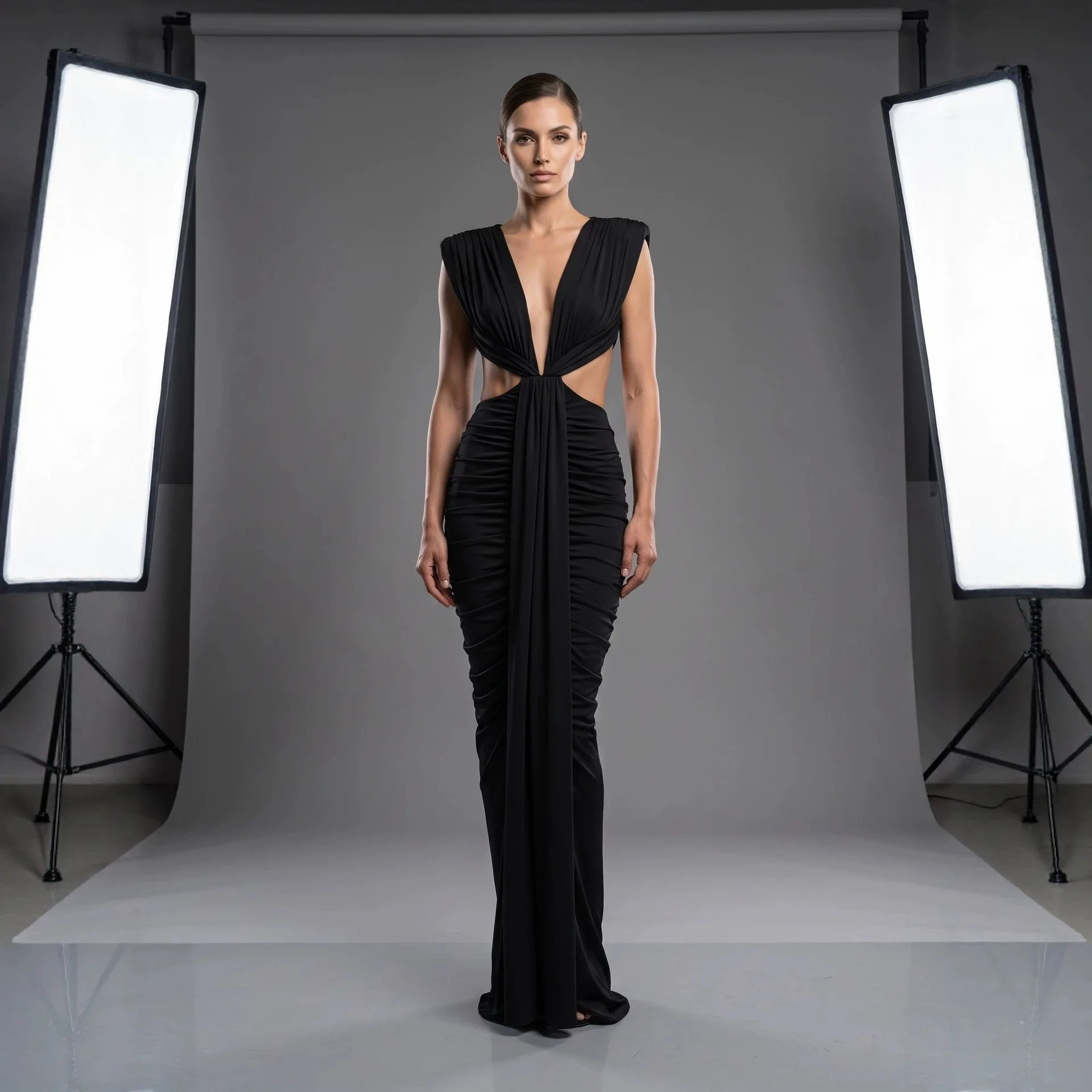 Sexy Black Deep V Neck Hollow Out Folds Maxi Dress Sleeveless Draped Dresses Bodycon Evening Dress Formal Party Club Outfit view 2