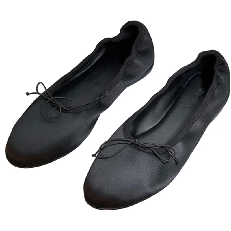 

Withered Minimalist Retro Elegant Silk Bow Ballet Flat Shoes French Office Ladies Lazy Leather Slip On Loafers Shoes For Women
