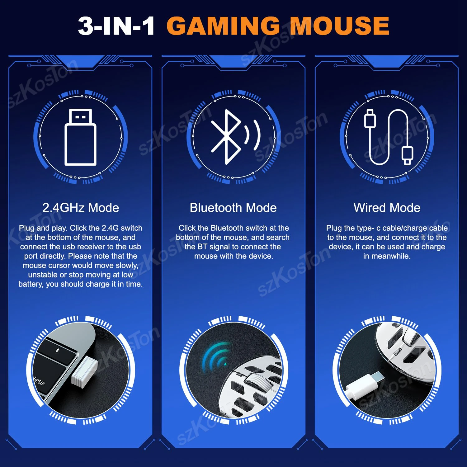 ماوس ألعاب 3 في 1 ثلاثي الوضع ماوس لاسلكي 11 أضواء RGB قابلة للتعديل DPI شفافة على شكل قرص العسل لنظام التشغيل Windows PC Mac