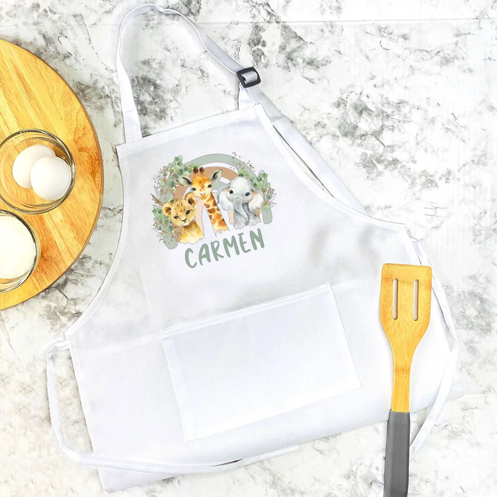 Personalised Child Apron Rainbow  Safari Animals with Name Apron Boys Girls Cooking Baking Apron Custom Birthday Gift for Kids