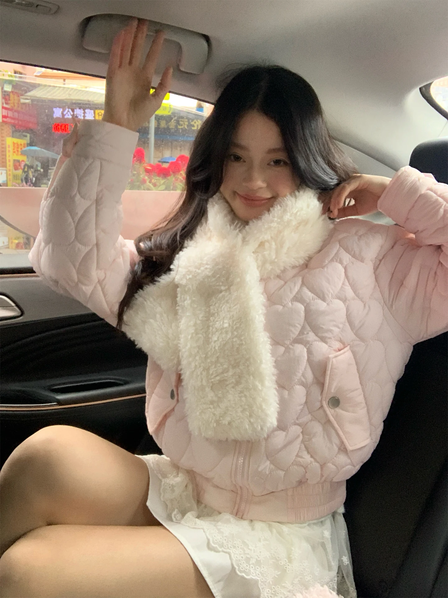 

Warmth And Style: Song Zhengen Korean Style Women's Loose Fit Cotton Jacket Pink Heart Collar Zipper Closure Long Sleeve Coat