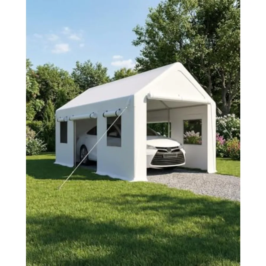 10 ft x 20 ft Portable Carport Replacement Roll-Up Doors Heavy-Duty Grey UV-Protected Canopy for Outdoor Garage Use with Zipper