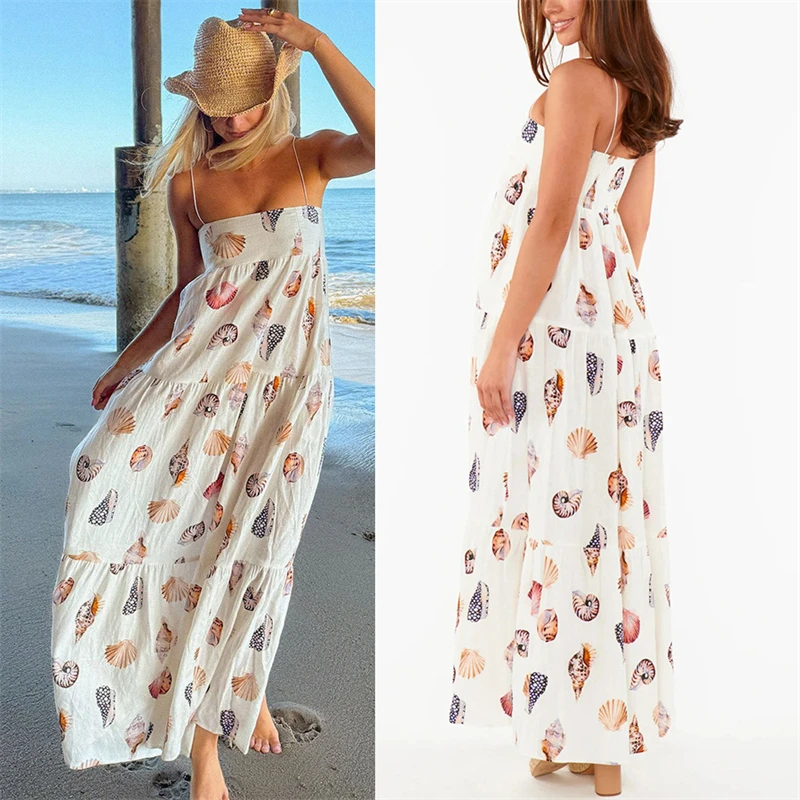 

Spring And Summer New Suspender Shell Printed Layered Dress Loose Vacation Long Women's Pullover Dress Casual Style