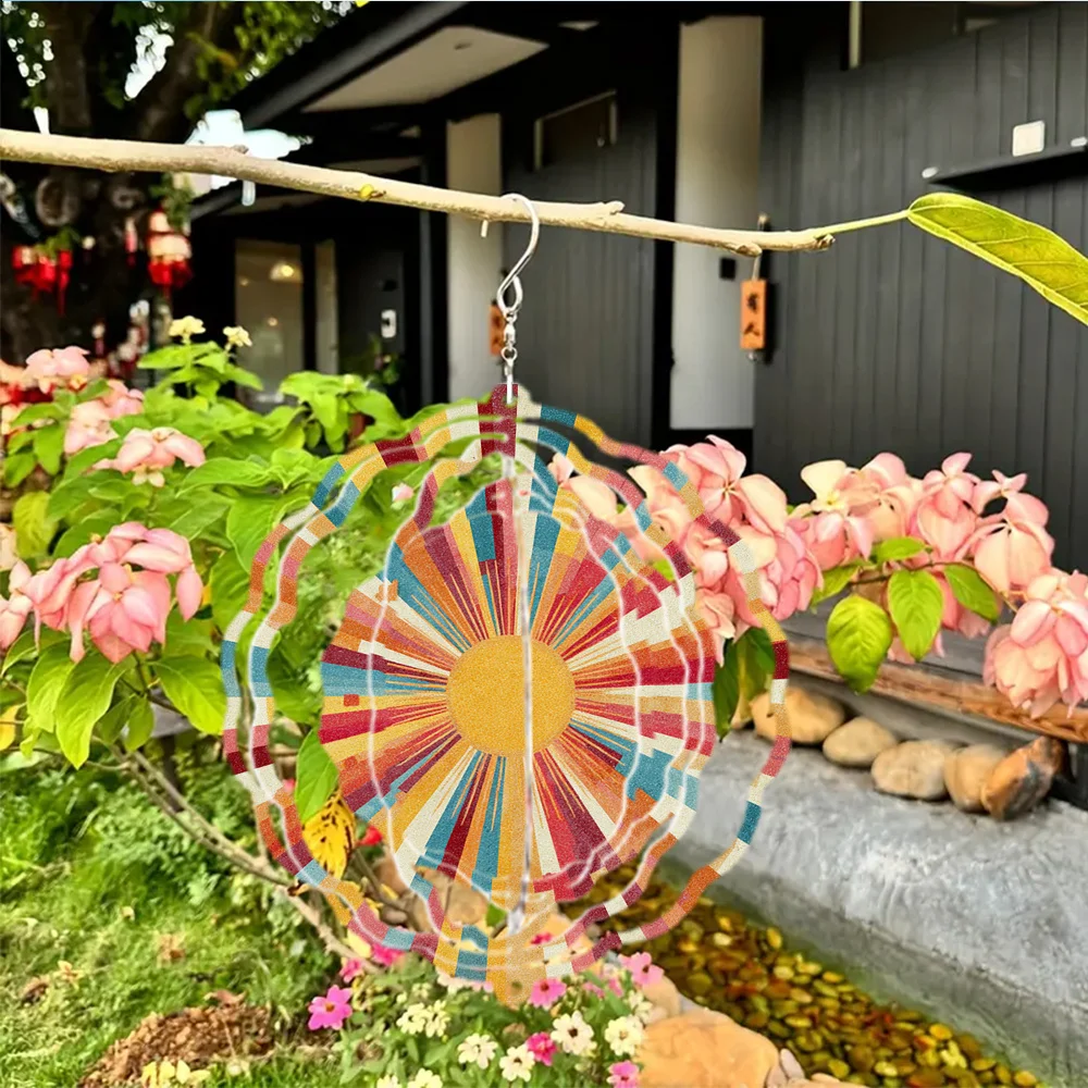 1pc Metal Windmill Ornament Garden Rotating Pendant Decoration Metal 3D Rotating Wind Chime with 360° Infinite Rotating Hook