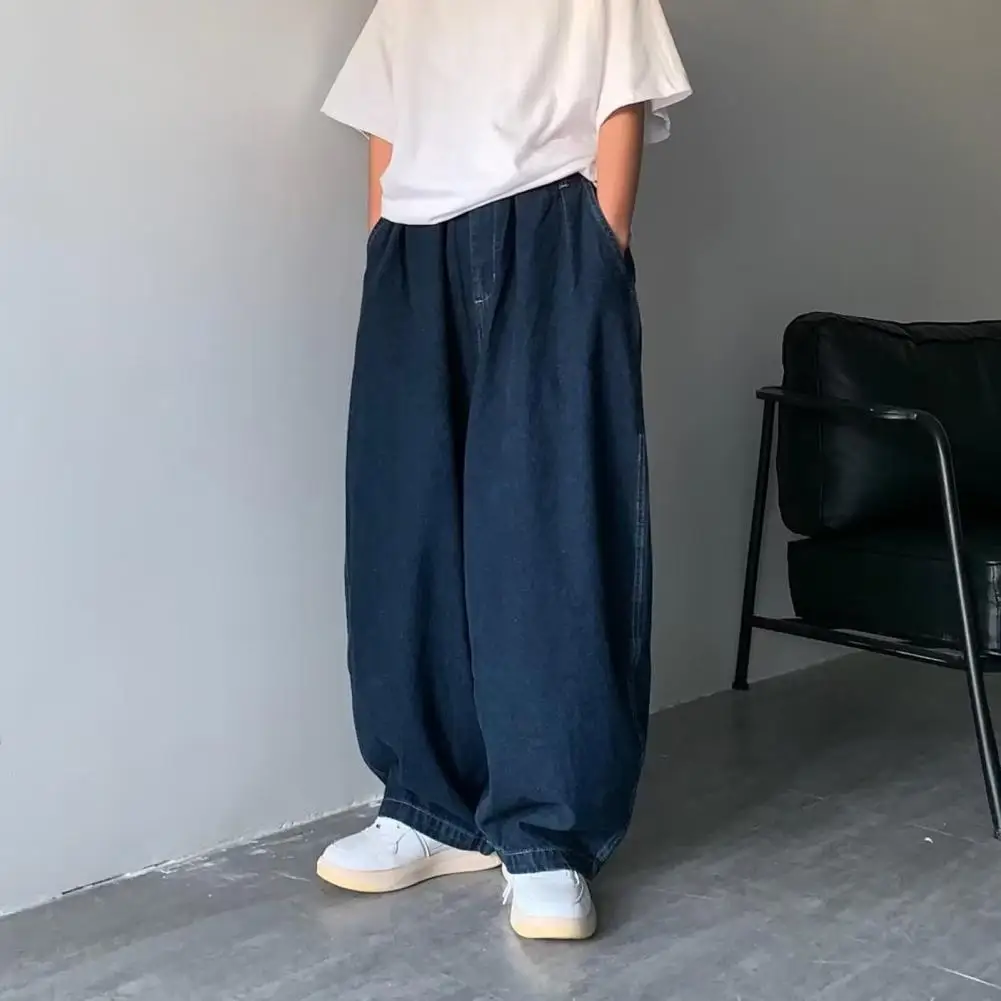 Mid-rise Elastic Waistband Cargo Men Jeans Pockets Solid Color Baggy Jeans Hip Hop Oversize Wide Leg Denim Pants Male Streetwear