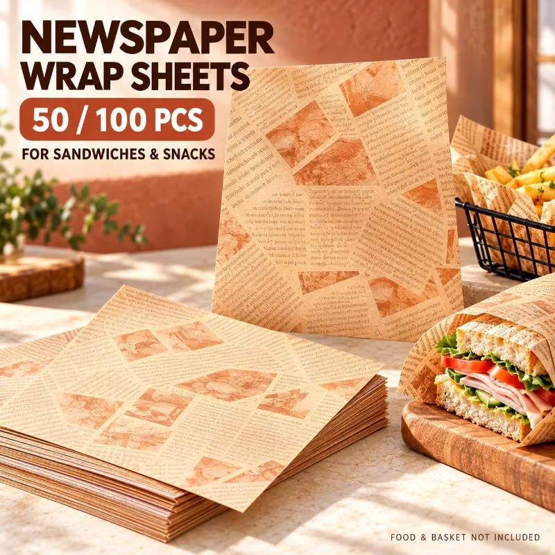 Greaseproof Food Wrapping Paper 50/100PCS Newspaper Print Deli Sheets for Sandwiches Bread Fried Snacks and Basket Liners