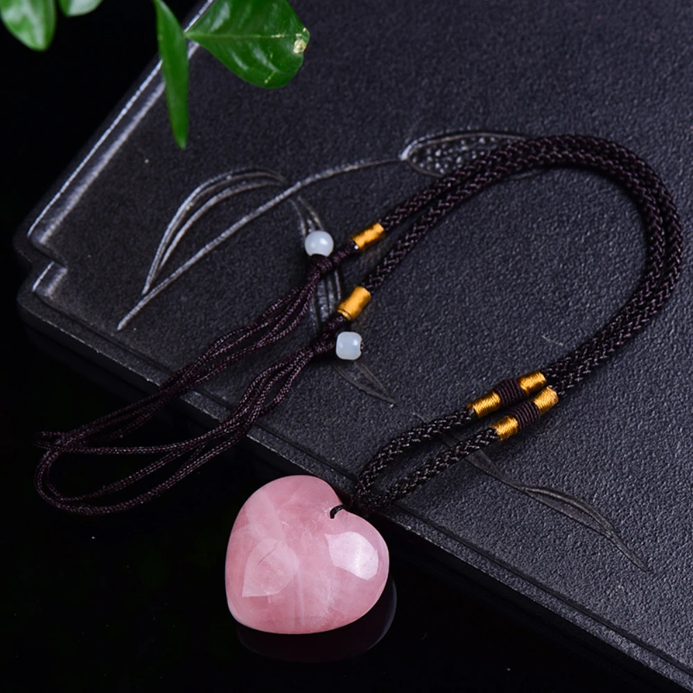 Natural Rose Quartz Heart Shaped Pendant Reiki Healing Pink Crystal Love Accessories Charms Necklace Jewelry