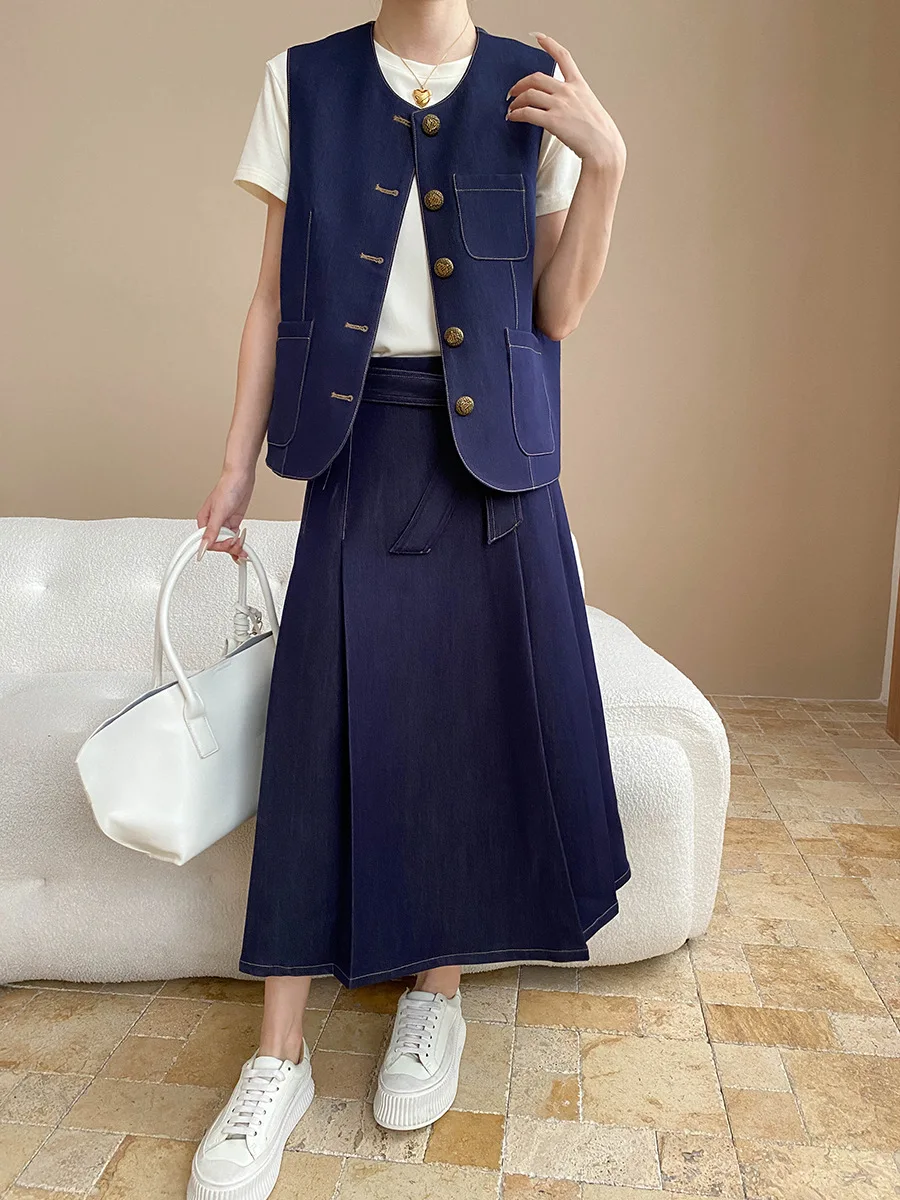 

2025 Autumn Fashion Women's Suit Retro Round Neck Denim Vest Vest High Waist Skirt 2-Piece Set