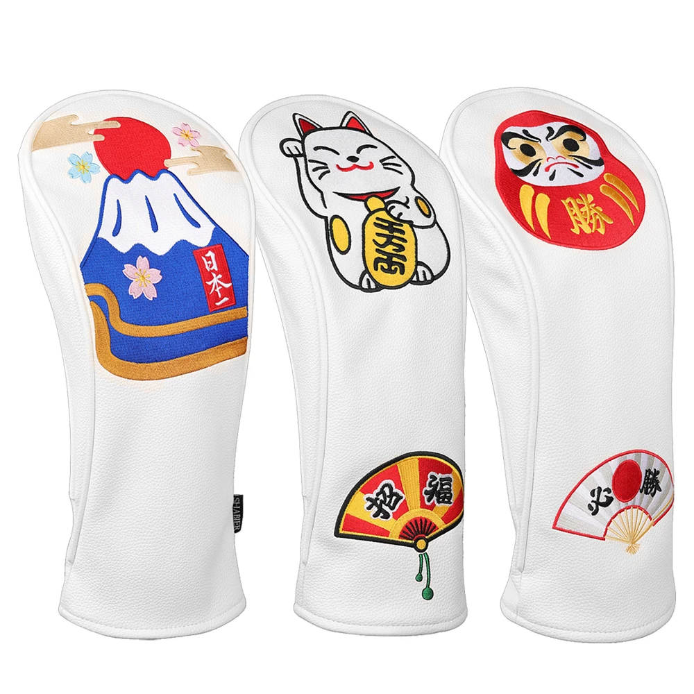 White PU Leather Happy Cat Mt.FUJI NIPPON DARUMA Embroidery Golf Headcover Driver Fairway Wood Hybrid Utility Covers