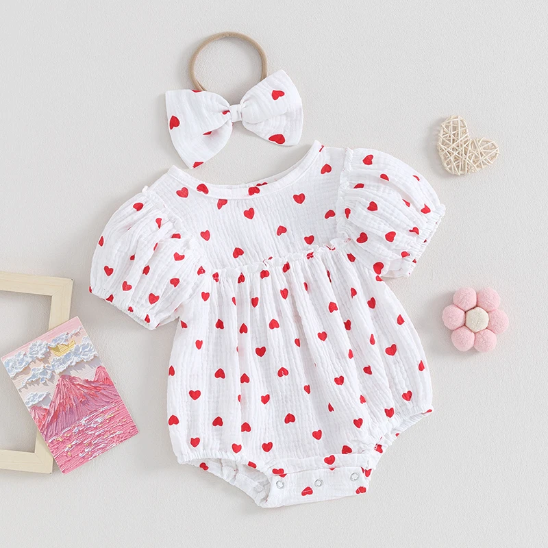 2023-12-07 Lioraitiin Infant Baby Girl Valentine's Day Jumpsuit with Bow Headband Short Puff Sleeve O-Neck Heart Print Romper