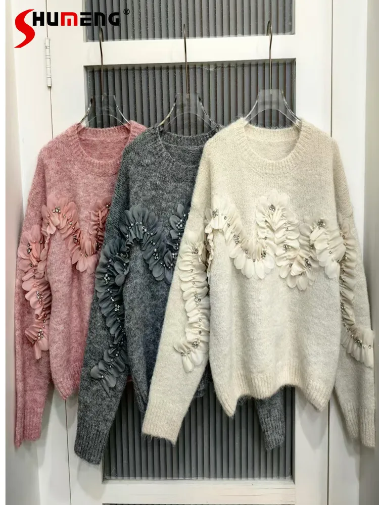 

Diamond-encrusted Flower 2024 Autumn Winter Versatile Pullover Sweaters Women's Long Sleeve Bottom Sweater Trendy Cotton Tops